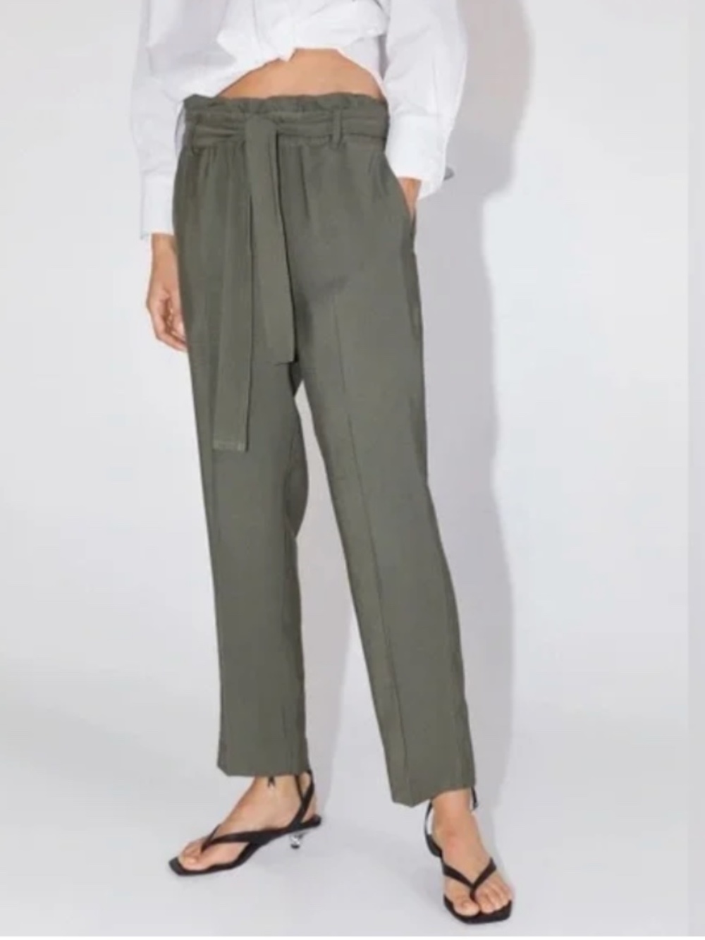 Zara Khaki Green Paper Bag High Waist Trouser Pants Size Large